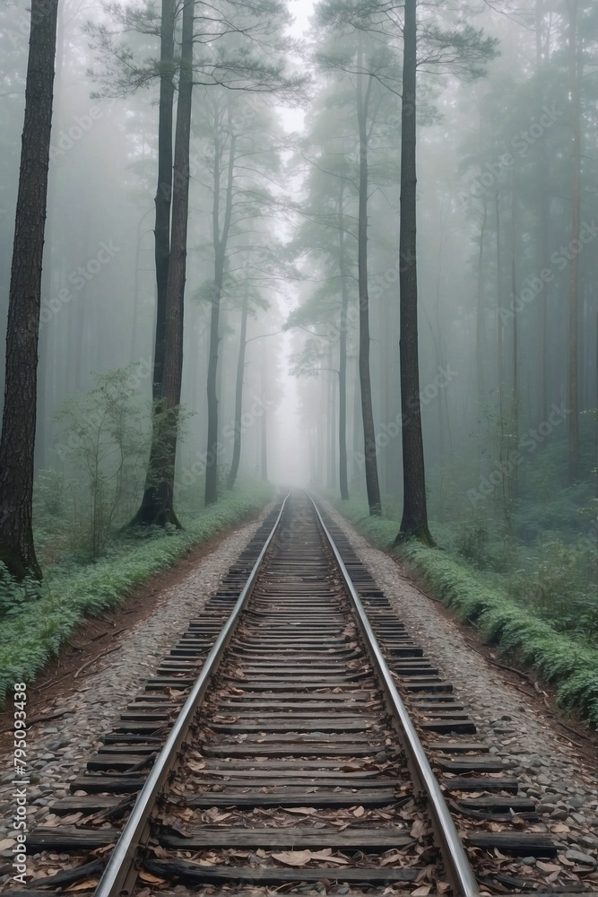Fototapeta premium Misty Forest: Railroad in Natural Setting