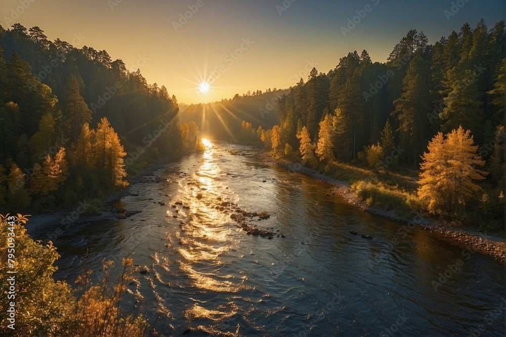 River in the Forest, Illuminated by Morning Sunlight