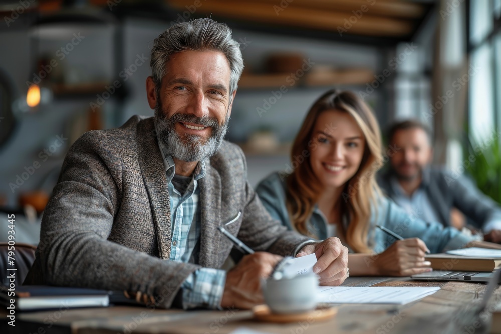 A cheerful mature businessman smiling at the camera with colleagues in the background A cheerful mature businessman smiling at the camera with colleagues in the background