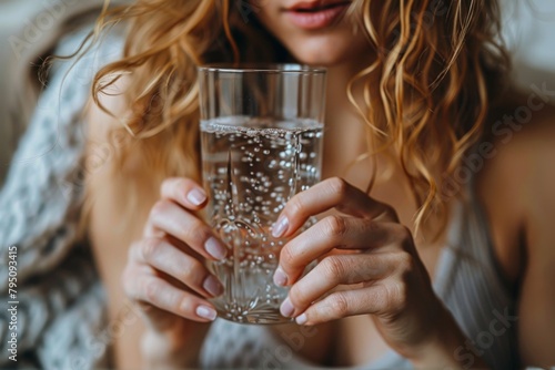 A detailed shot of a woman's hands holding a sparkling glass of water, emphasizing hydration and health