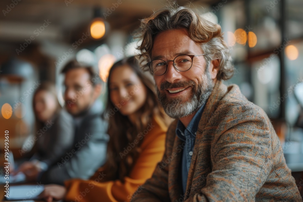 Mature bearded man in a tweed jacket smiling with coworkers at a modern workplace Mature bearded man in a tweed jacket smiling with coworkers at a modern workplace