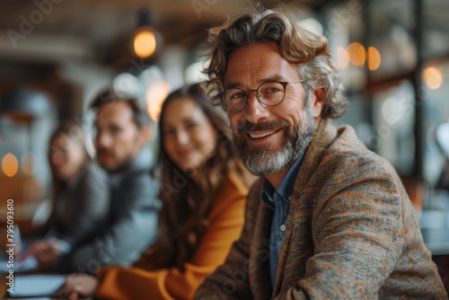 Mature bearded man in a tweed jacket smiling with coworkers at a modern workplace © Larisa AI