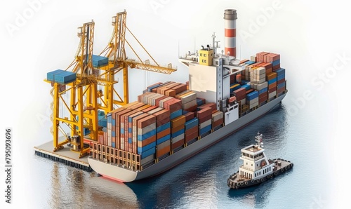 Container ship with a crane on the water. 3d illustration.