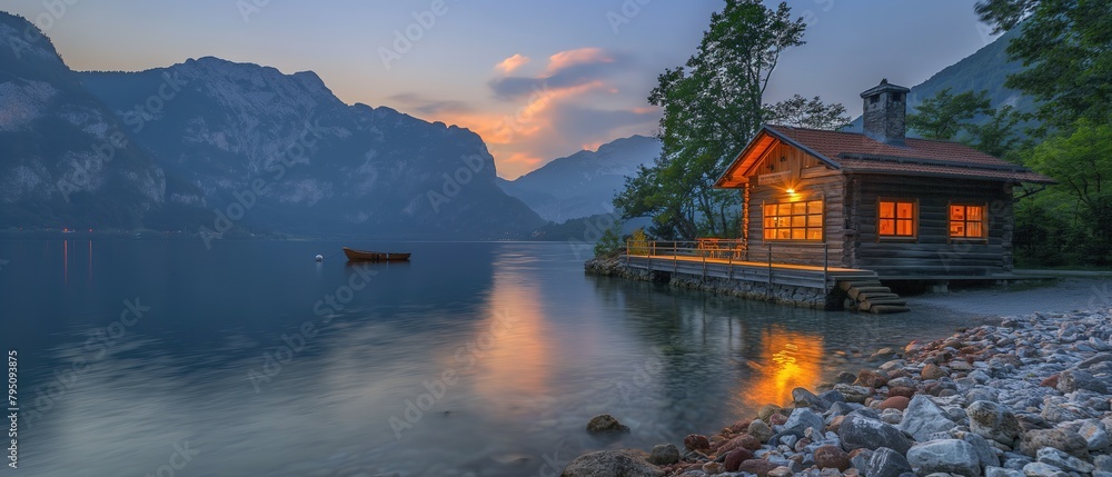 wooden cabin at riverside in tranquil scenery, Generative Ai
