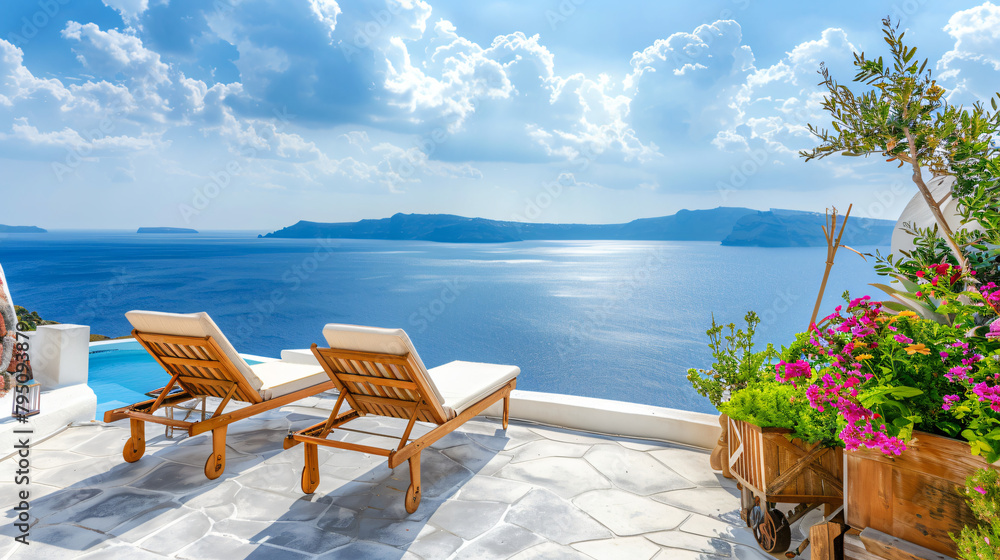 Santorini island Greece. Two chaise lounges 