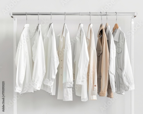 Freshly dry-cleaned apparel hanging neatly on rack indoors, ready to wear or display