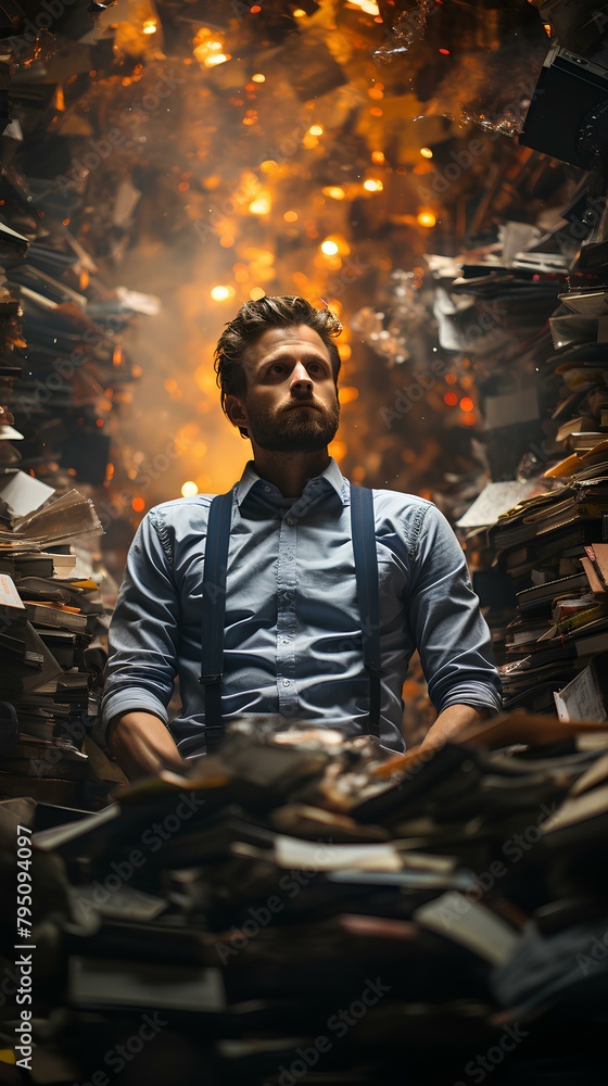 A contemplative man surrounded by a chaotic explosion of books, evoking a dramatic and surreal atmosphere.
