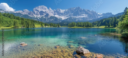 beautiful pure nature place of crystal clear lake with coniferous woodland and snow peak mountain as background, summer sunny day, Generative Ai