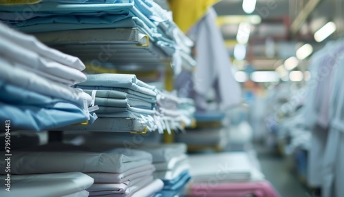 Neatly folded clean white sheets, surgical clothes, industrial iron in laundry setting photo