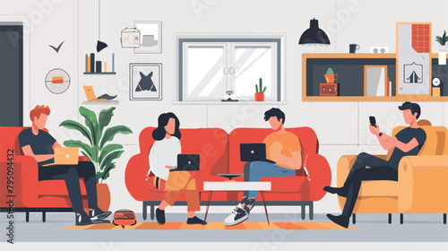 Young women men sitting on sofa and look at gadgets illustration