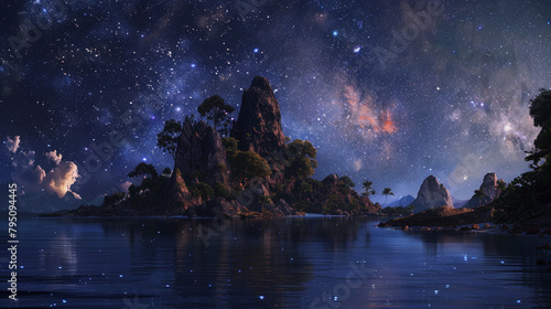 A surreal dreamscape where islands float amidst a sea of stars, their shores aglow with the shifting hues of a celestial twilight, a realm of infinite possibility and wonder. photo