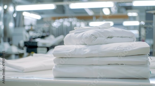 Industrial laundry stack of clean sheets and surgical clothes with iron on white background photo