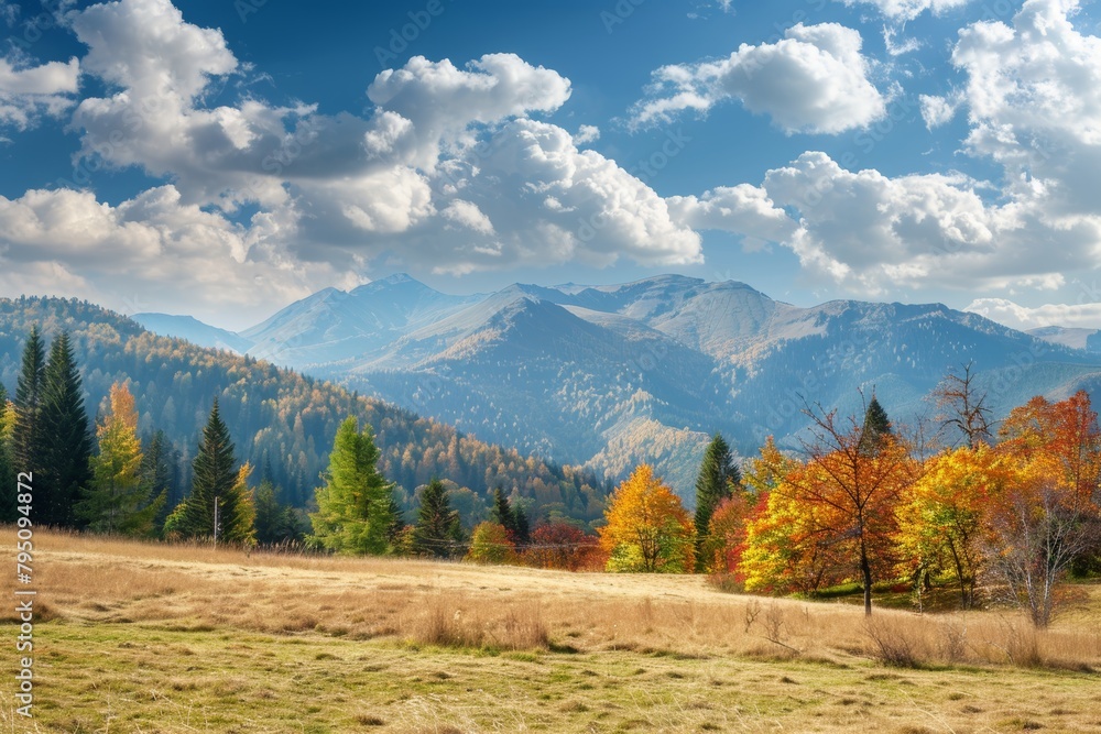 Sunny day panorama mountain autumn landscape with colorful fall trees in scenic view