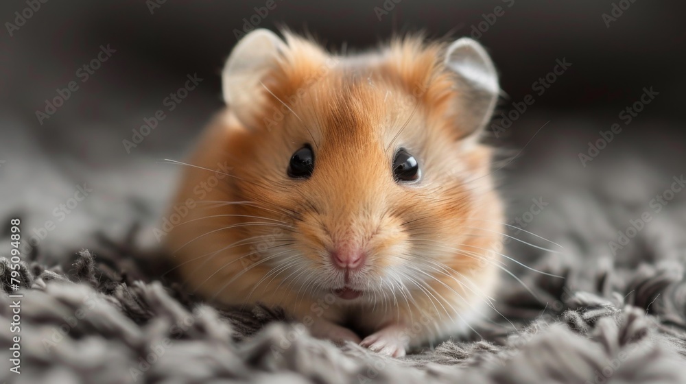 A small brown and white hamster sitting on a gray carpet, AI A small brown and white hamster sitting on a gray carpet, AI