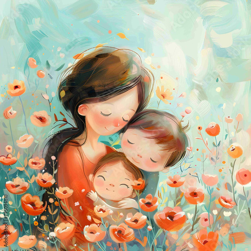 MOTHER AND CHILDREN MOTHER'S DAY FLOWERS ILLUSTRATION DAUGHTER SON (ID: 795094810)