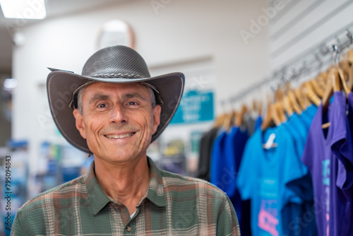 Happy man wearing an outback hat in a shop photo