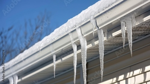 Elegantly shaped icicles hanging dramatically from a rooftop covered in a blanket of snow