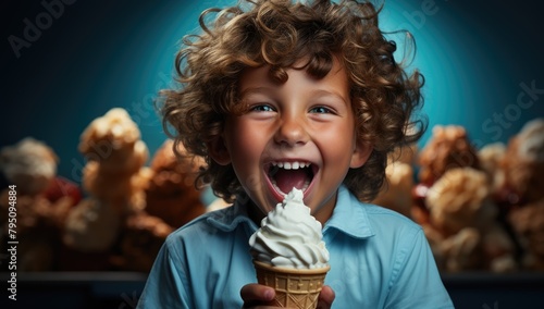 Happy Boy with Curly Hair Enjoying Ice Cream Cone.