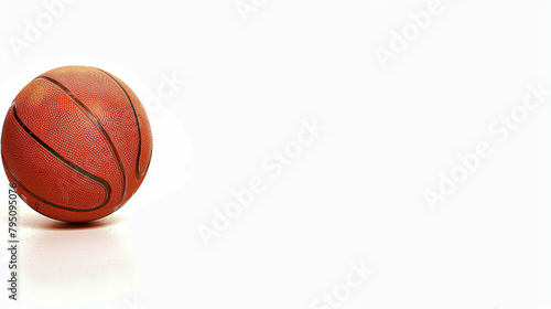A basketball is shown in a white background. The ball is slightly deflated and has a black stripe. Concept of nostalgia and a feeling of a bygone era