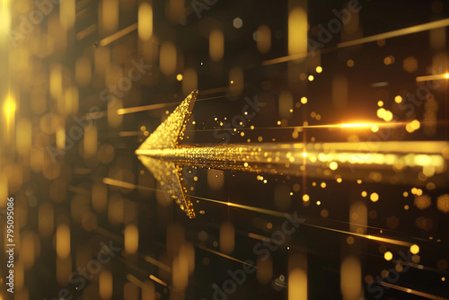 Golden arrow on a virtual effect screen moving upwards, 3D emblem of progress and prosperity