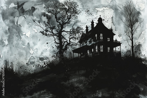 Gothic Haunted Mansion Dark Silhouettes of a Haunted House for Halloween Art © xadartstudio