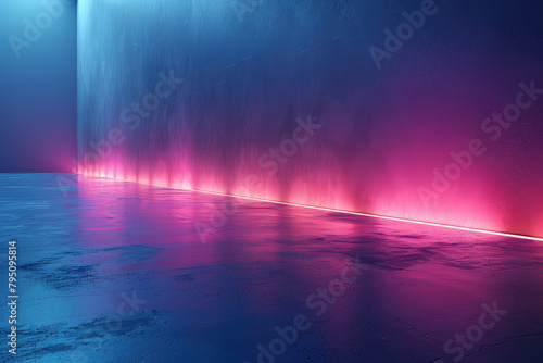  A wall with neon light and fog on the floor, creating an abstract background with colorful lights and misty atmosphere. Created with Ai