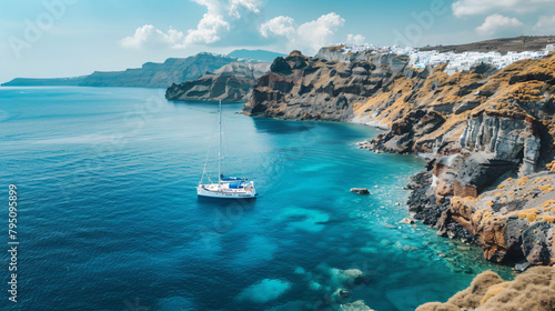 Santorini island Greece. Yacht sailing ne the sea 