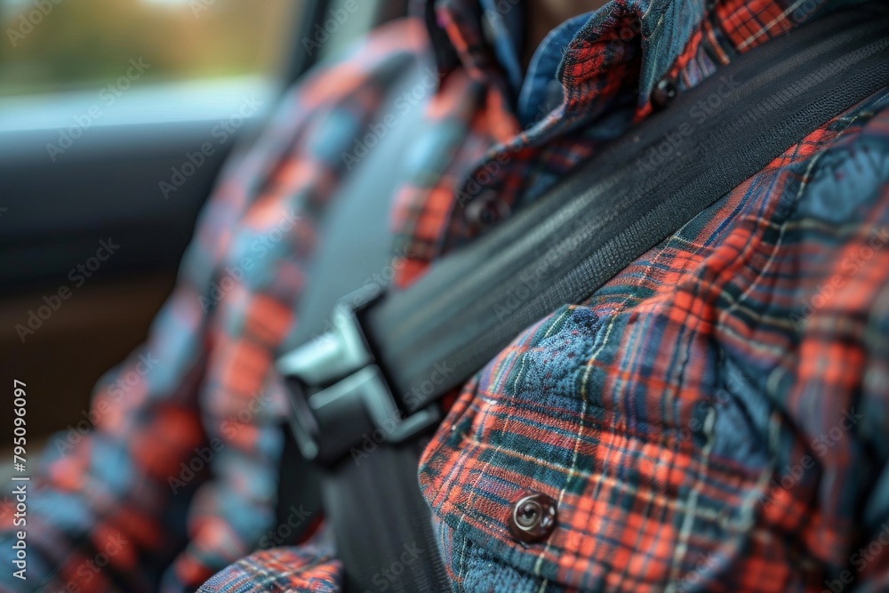 A focus on car safety, the image showcases a close-up of a seatbelt securely fastened over a plaid shirt A focus on car safety, the image showcases a close-up of a seatbelt securely fastened over a plaid shirt