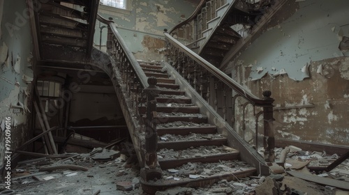 Staircase in an abandoned building, covered in debris, evoking a sense of desolation