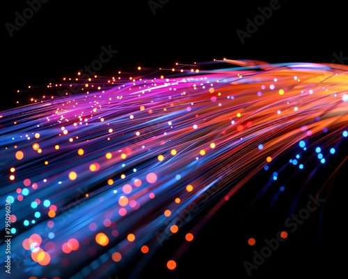 Fiber optic cables carrying data at the speed of light, visualized as streaks of vibrant color Emphasizing the speed and efficiency of modern telecommunications infrastructure