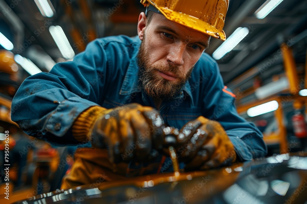 A mechanic in protective gloves is shown working meticulously with machine parts, focusing on the task with precision and care A mechanic in protective gloves is shown working meticulously with machine parts, focusing on the task with precision and care