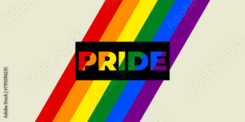 Diagonal rainbow stripes with the word "Pride" on a beige background. A celebration of LGBTQ identity. Abstract banner for Pride month. Vector illustration