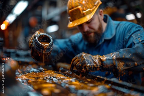 This detailed image showcases the intense focus of a mechanic as he carefully applies lubricant to machinery parts photo