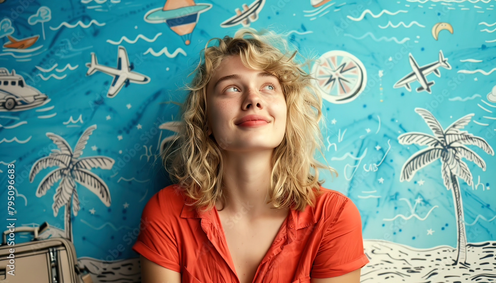 A young woman is thinking about a holiday destination, a blue background filled with drawings of the sea, palm tree, suitcases, airplanes, cocktails, and guitars. 