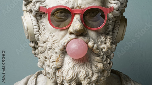 A statue of a man with headphones on and a pink bubblegum in his mouth. The statue is of a Roman god and is wearing red glasses photo
