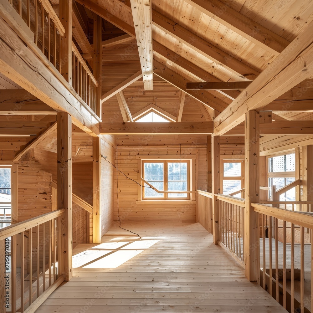 Wooden house frame under construction on location for future residential building project Wooden house frame under construction on location for future residential building project
