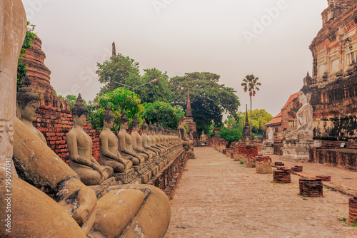 background of important religious tourist attractions in Ayutthaya Province of Thailand,Wat Yai Chai Mongkol,has an old Buddha image from the Krungsri period,allowing tourists from all over the world photo