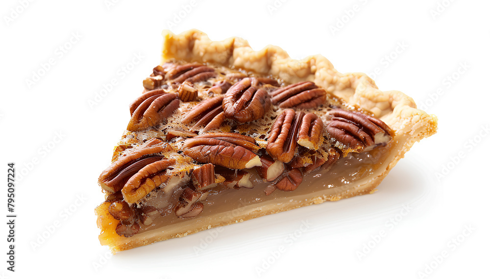 Piece of tasty pecan pie on white background
