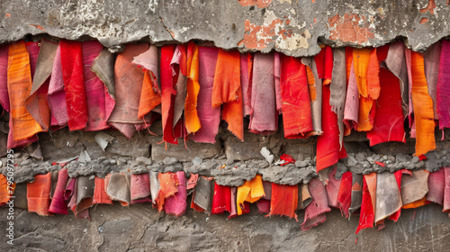 A wall covered in colorful fabric. The wall is made of bricks and has a rustic appearance. The fabric is in various shades of red and orange, creating a vibrant and lively atmosphere