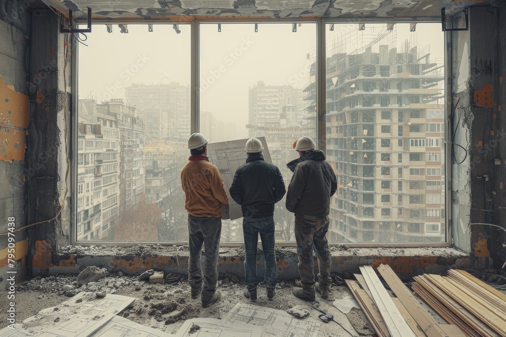 A detailed image showing three construction workers analyzing building plans on-site, reflecting teamwork and urban development A detailed image showing three construction workers analyzing building plans on-site, reflecting teamwork and urban development