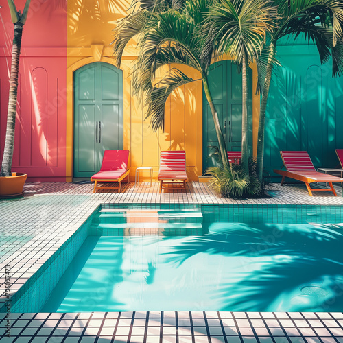 Luxury house with multicolored walls, swimming pool, tropical palm trees and sun chairs. Summer scene with sun rays shadows and natural sunlight.