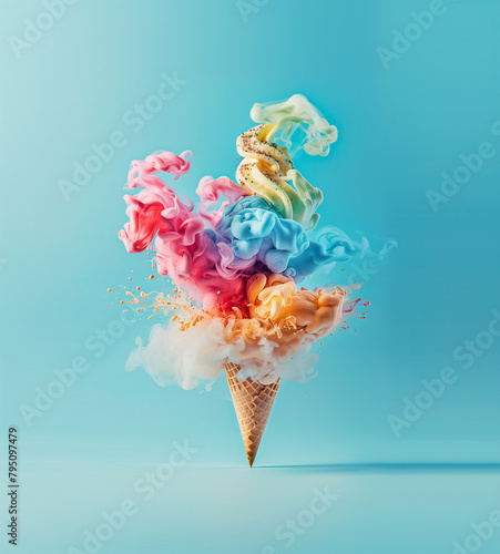 Creative abstract artistic idea with ice cream cone with colorful smoky topping.