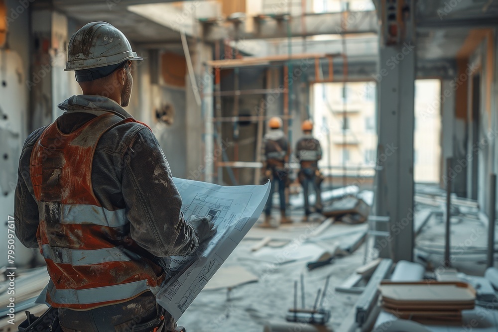 An architect with a hardhat and reflective vest holding blueprints on a busy construction site checking details