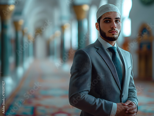 Close-up of a young Muslim man in modern clothes, wearing a skullcap. Muslim young man in shirt and tie with skullcap on his head. Isolated background with blur.