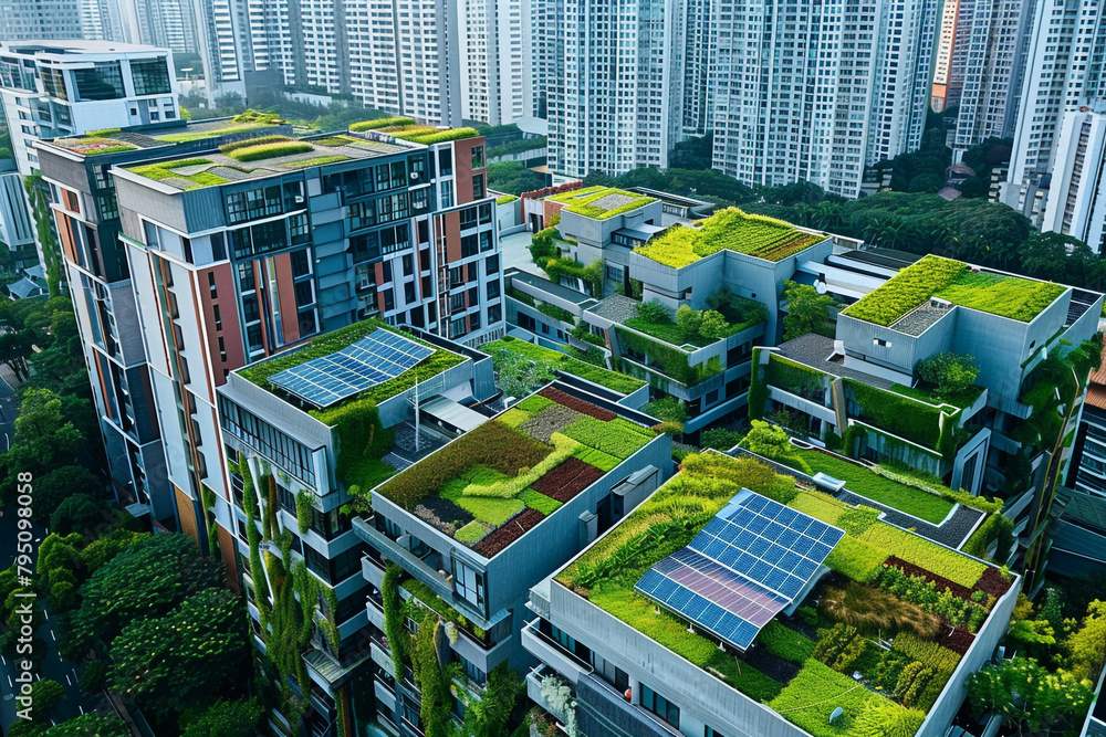 Green Roof and Solar Panels A cityscape view showcasing buildings with ...