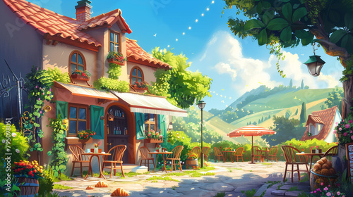 A charming countryside cafe nestled among rolling hills, where patrons enjoy freshly brewed coffee and flaky croissants on a tranquil morning.