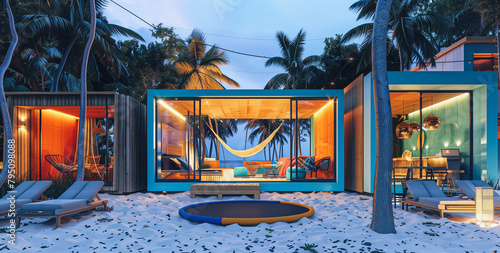 Modern design architecture of luxury exterior hotel at summer tropical beach. Night scene.