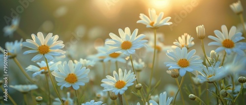 A Field of Daisies With Sun Setting in Background