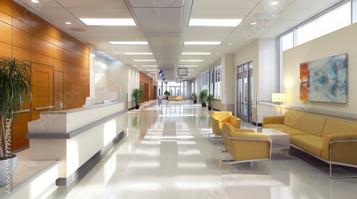 A modern hospital reception area, with comfortable seating and a welcoming atmosphere