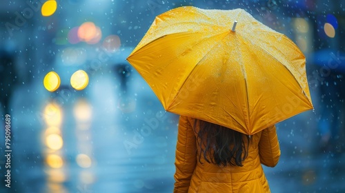 Woman in a Yellow Coat Holding Umbrella in the Rain